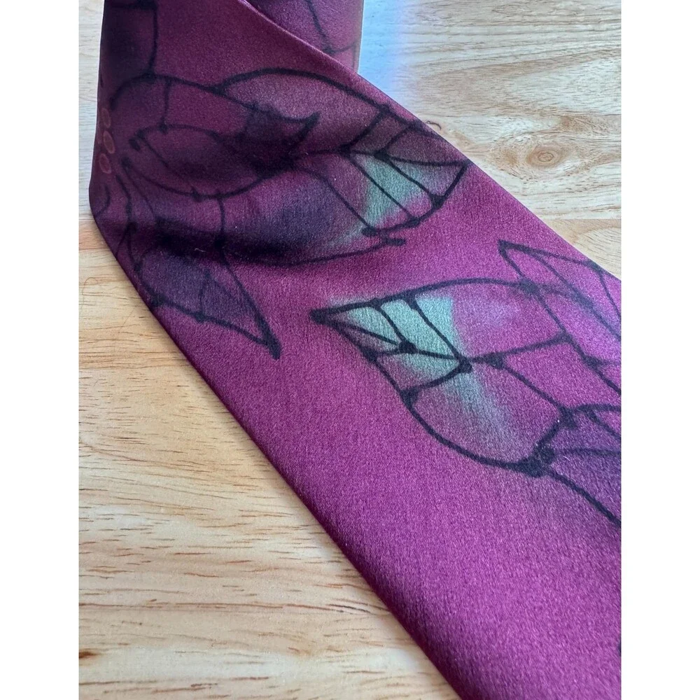 Robert Daskal Wayne Furman Hand Painted Silk Tie Burgundy Floral Wearable Art